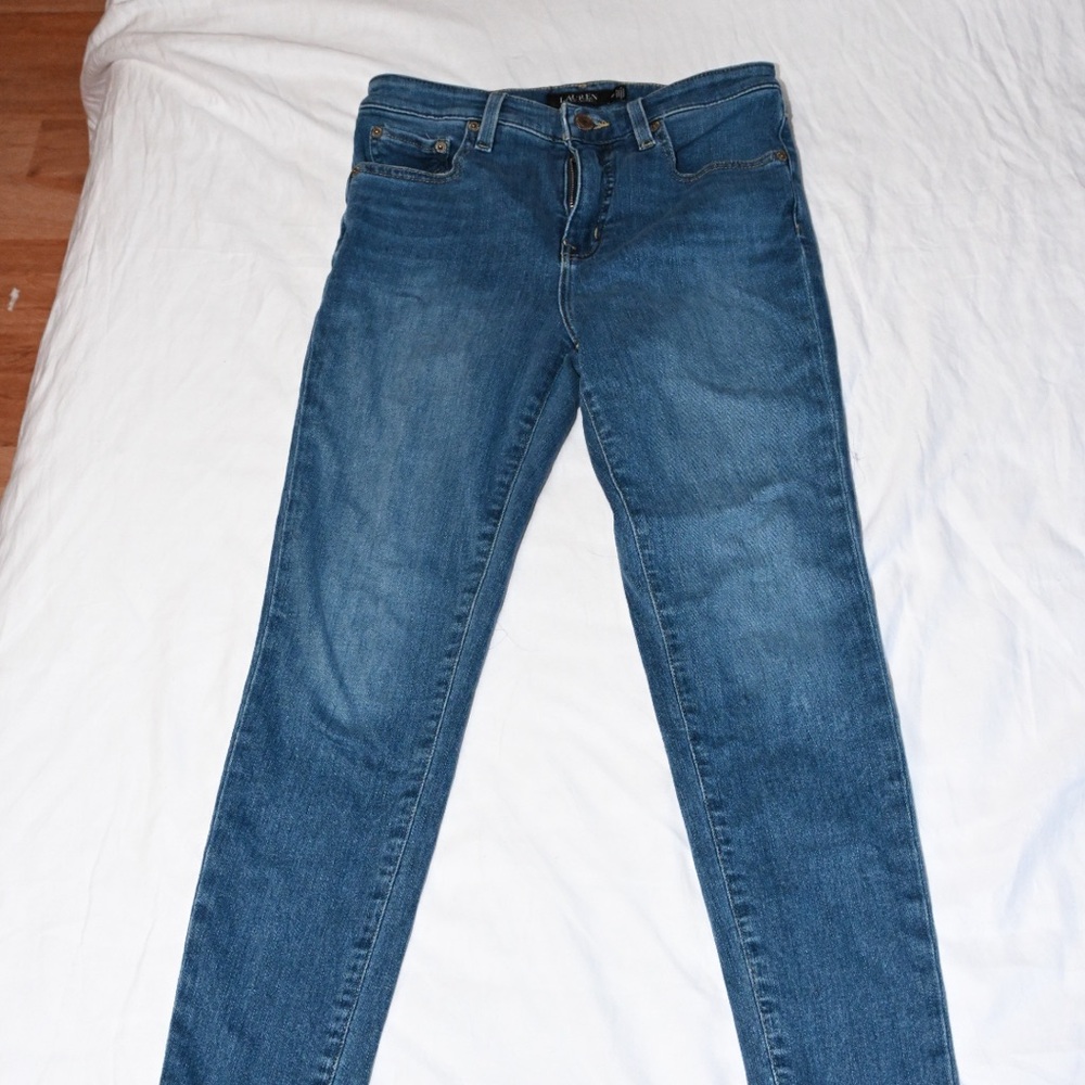 Lauren Ralph Lauren Women's Petite Jeans Medium Wash Blue Denim Button Zip